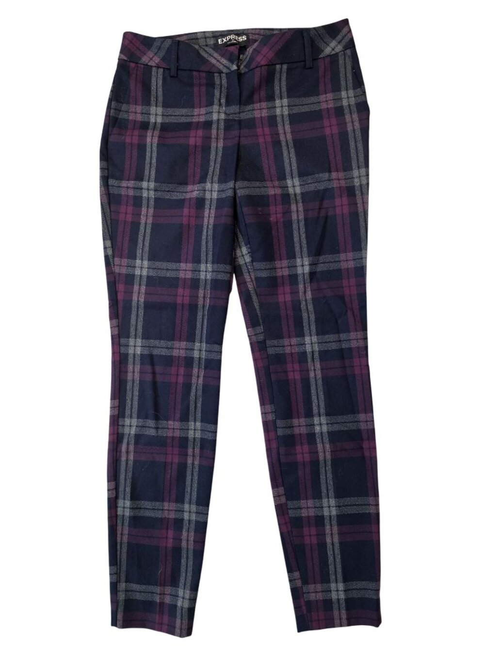 Express Columnist Navy & Purple Plaid Slim Ankle Pants 00R Polyester Blend